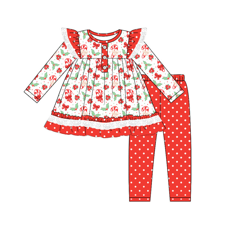 Preorder (moq 5)Baby Girls Long Sleeves Bows Candy Cane Button Tunic Polka Dots Legging Pant Set