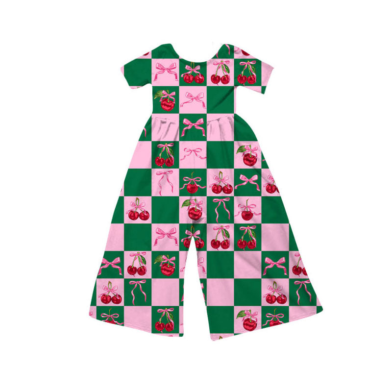 Preorder(moq 8)Baby Girls Pink Green Checked Bows Cherry Short Sleeve Pant Jumpsuits