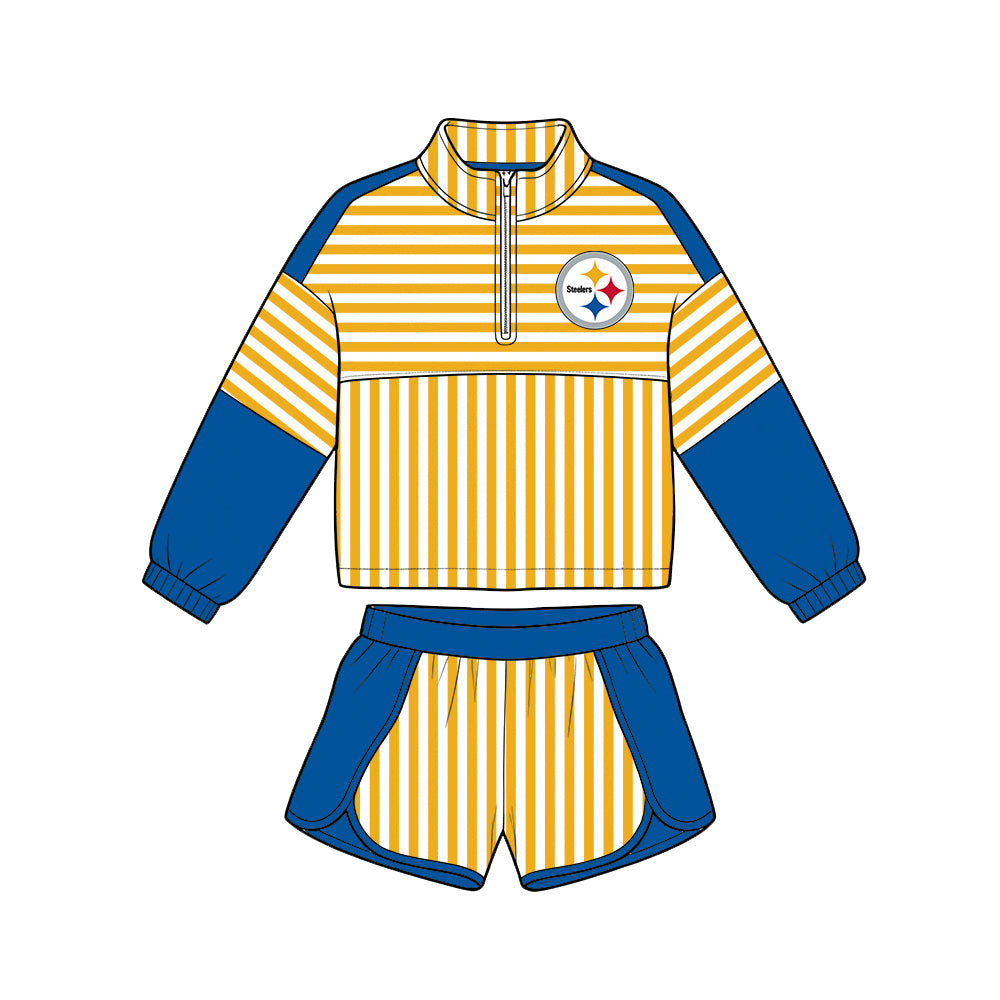 Preorder (moq 5)Baby Girls Orange Stripe Steeles Zip Pullovers Short Team Clothes Set