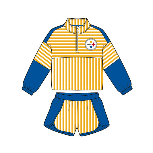 Preorder (moq 5)Baby Girls Orange Stripe Steeles Zip Pullovers Short Team Clothes Set