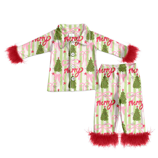 preorder(MOQ 5)Baby Girls Christmas Tree Bows Fur Top Pants Pajamas