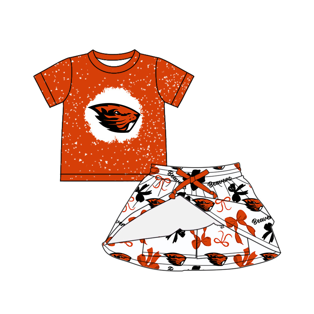 Preorder (moq 5)Baby Girls Red Short Sleeves Beavers Top Bows Plaid Skorts Team Set