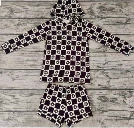 Baby Kids Black Checkered Hoodie top shorts Clothing Sets preorder(moq 5)