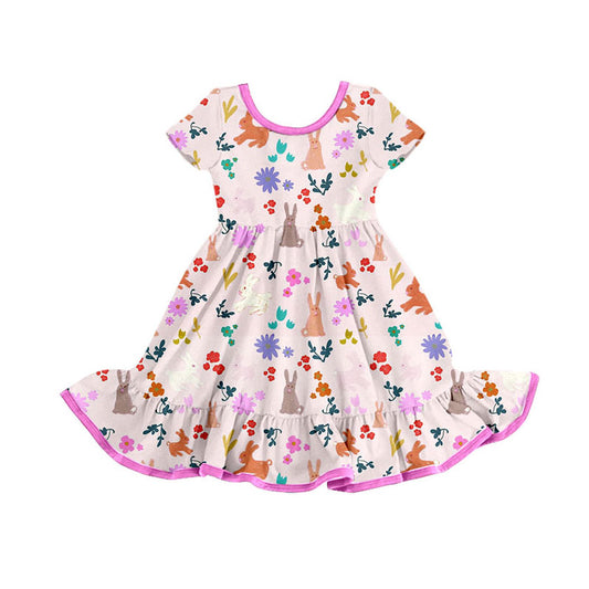 Preorder(moq 8)Baby Girls Pink Flowers Rabbits Ruffle Easter Knee Length Dresses