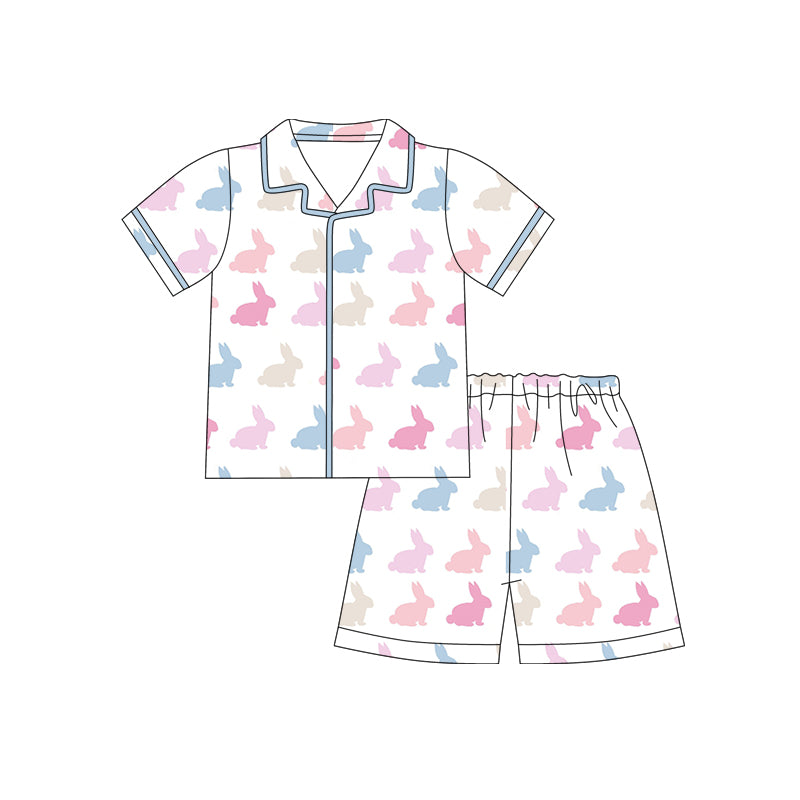 Preorder (moq 5)Baby Girls Colorful Rabbits Button Top Shorts Easter Pajamas Sets