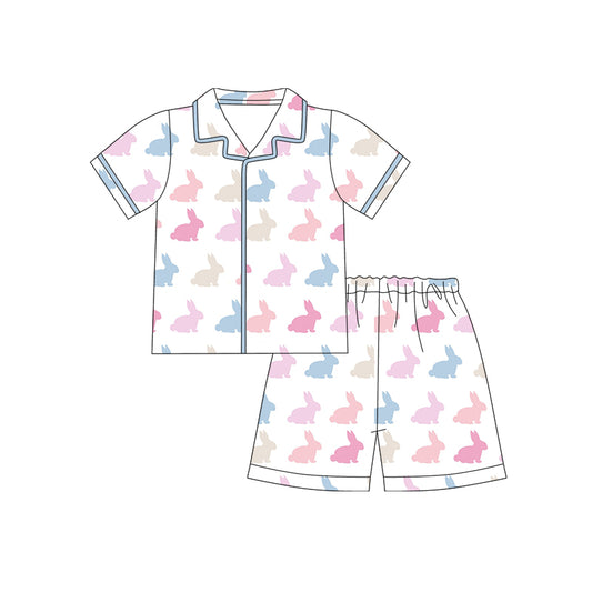 Preorder (moq 5)Baby Girls Colorful Rabbits Button Top Shorts Easter Pajamas Sets