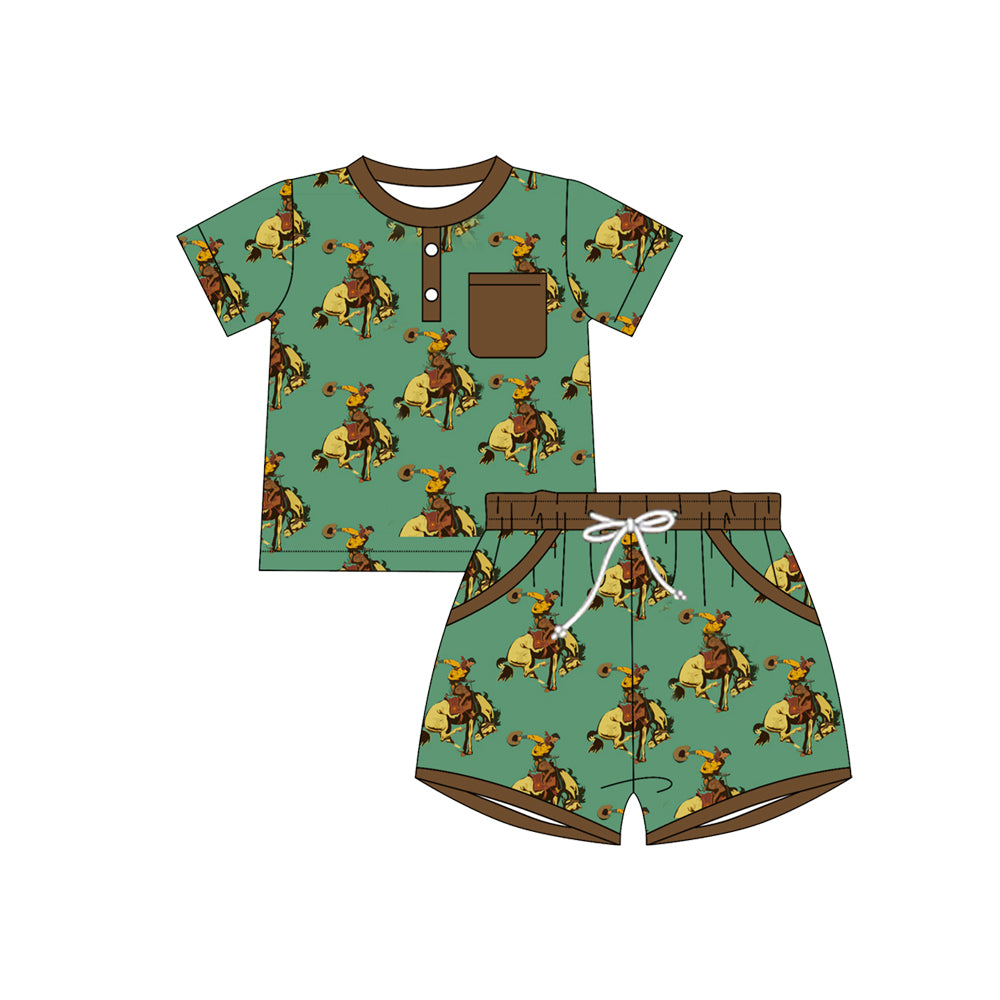 Preorder(moq 5) Baby Boys Green Horse Rodeos Button Top Pocket Shorts Western Clothes Sets