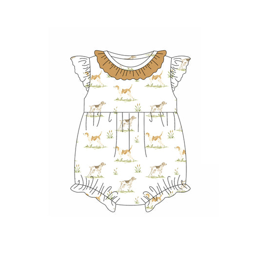 Preorder (moq 5)Baby Girls Khaki Flutter Sleeves Dogs Ruffle Rompers