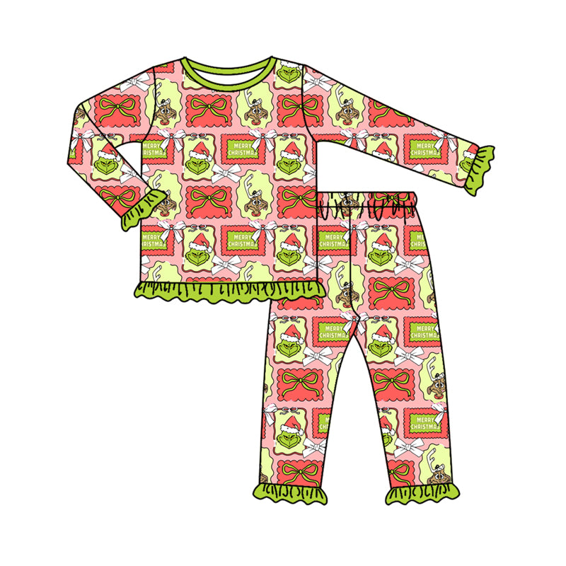 Preorder (moq 5)Baby Girls Green Face Bows Plaid Top Pant Christmas Pajamas Set