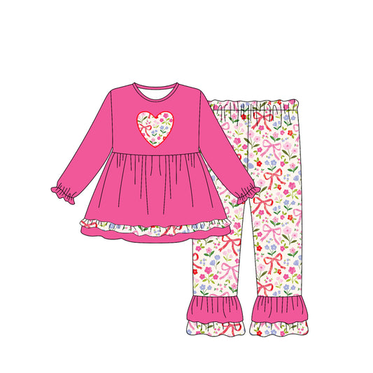 Preorder (moq 5)Baby Girls Hot Pink Long Ruffle Sleeves Flowers Bows Hearts Tunic Pants Set
