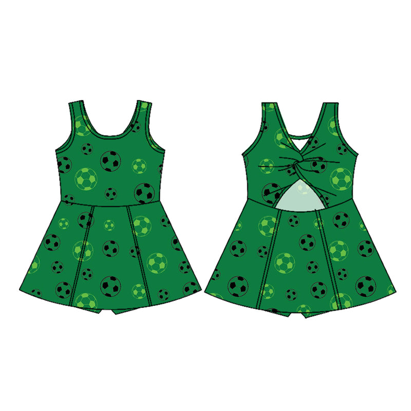 Preorder (moq 5)Baby Girls Dark Green Footballs Team Shorts Knee Length Dresses