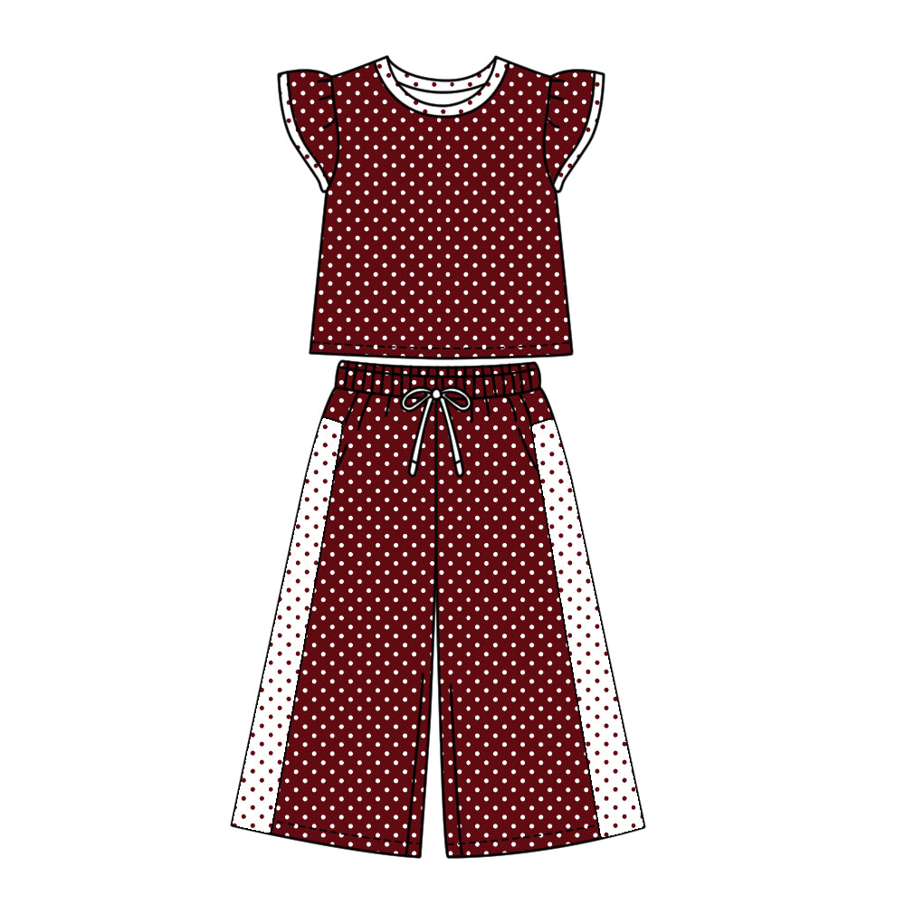 Preorder (moq 5)Baby Girls Maroon Flutter Sleeve Polka Dots Top Flare Pant Clothes Set