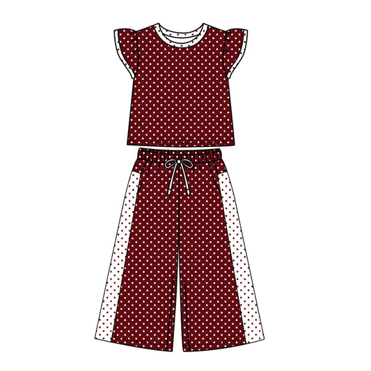 Preorder (moq 5)Baby Girls Maroon Flutter Sleeve Polka Dots Top Flare Pant Clothes Set