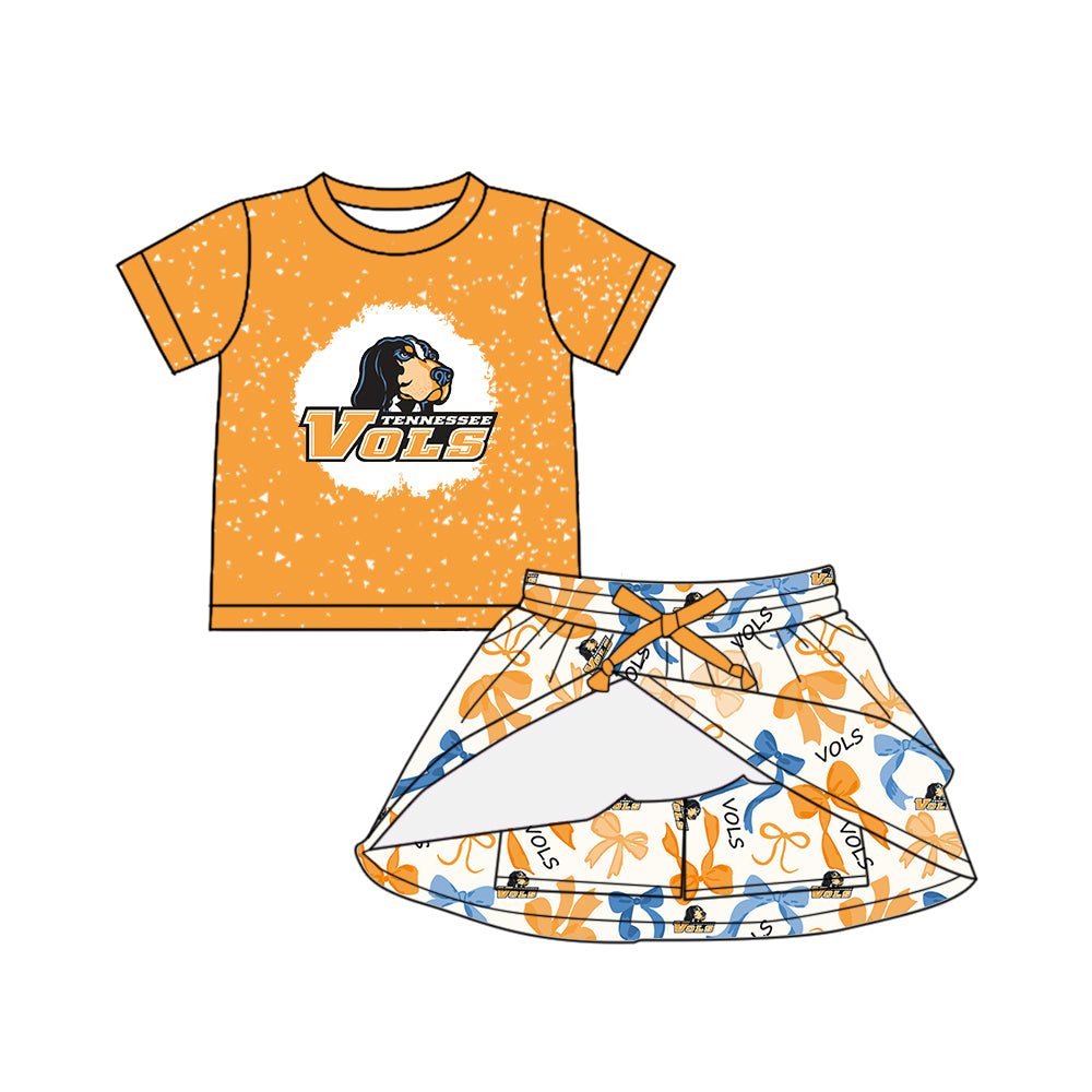 Preorder (moq 5)Baby Girls Yellow Short Sleeves Dogs Vols Top Bows Plaid Skorts Team Set