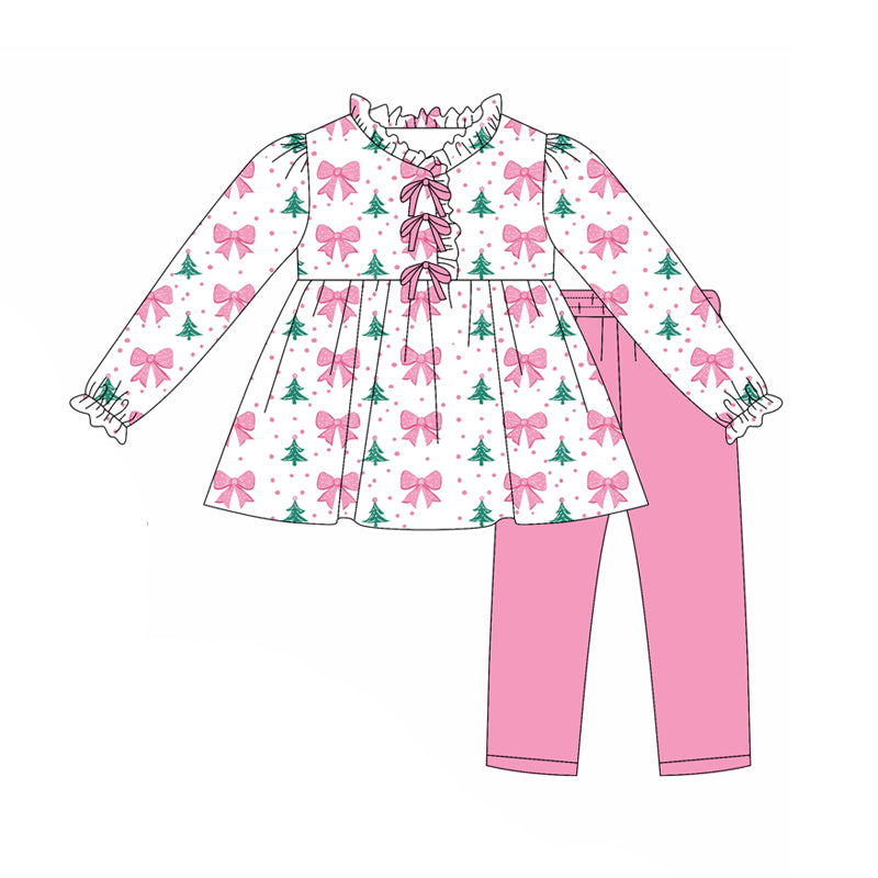 preorder(moq 5) Baby Girls Pink Bows Polka Dots Christmas Trees Tunic Legging Pants Set