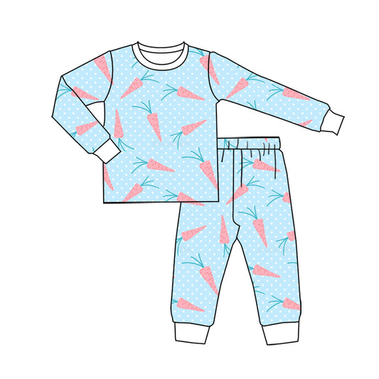 Preorder (moq 5) Baby Girl Clothes Easter Carrot Polka Dot Allover Print Long Sleeve Top Jogger Pant Pajama Set