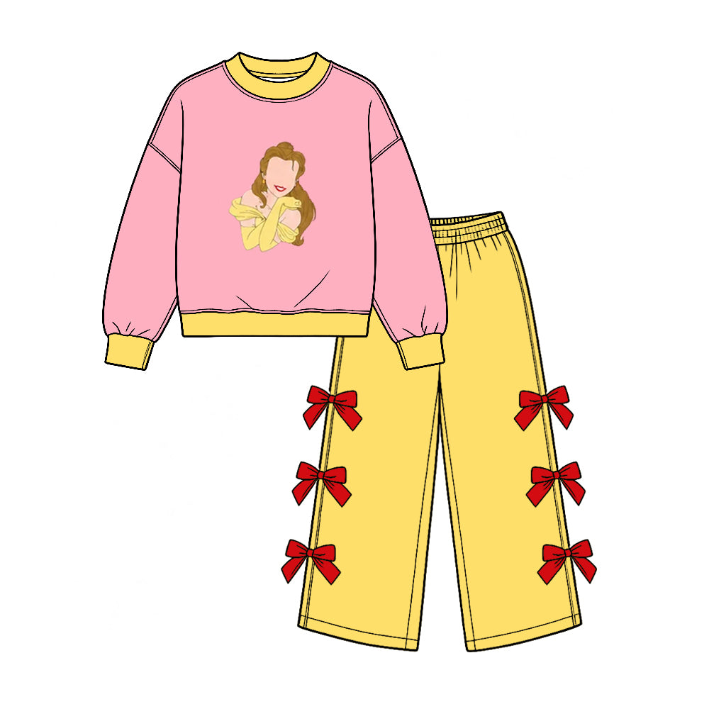 Preorder (moq 5) Baby Girl Clothes Princess Belle Character Print Long Sleeve Bow Decor Wide Leg Pant Set