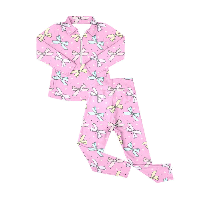 Preorder (moq 5)Baby Girls Pink Hearts Bows Zipper Pockets Pullover Leggings Pant Valentine Clothes Sets