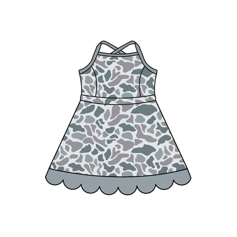 Preorder (moq 5)Baby Girls Strap Southern Light Grey Camo Scallop Knee Length Dresses