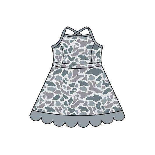 Preorder (moq 5)Baby Girls Strap Southern Light Grey Camo Scallop Knee Length Dresses