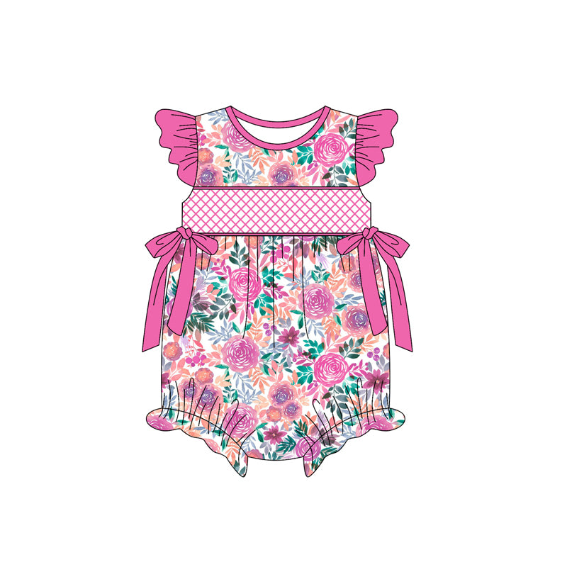 Preorder (moq 5)Baby Girls Hot Pink Flutter Sleeves Floral Bows Ruffle Rompers