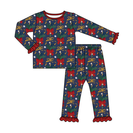 Preorder (moq 5)Baby Girls Bows Holly Top Ruffle Pant Christmas Pajamas Set