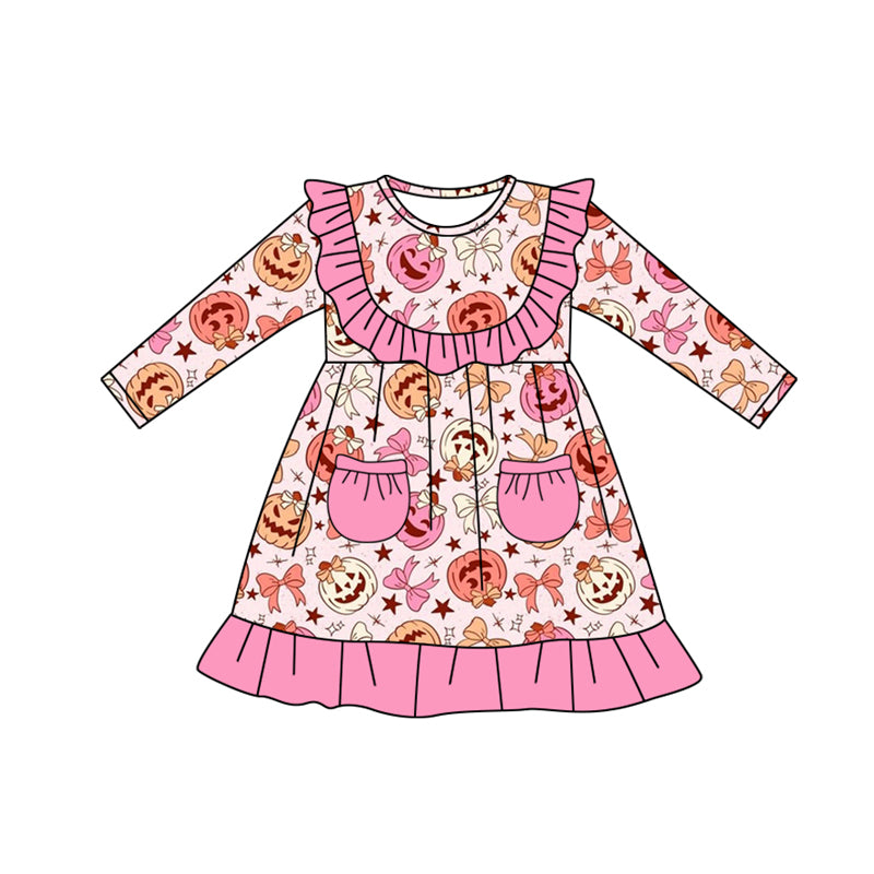 Preorder moq 5 Baby Girls Long Sleeves Pink Pockets Pumpkins Bows Knee Length Dresses