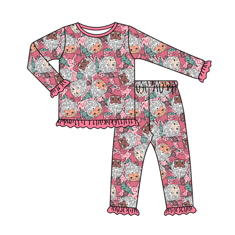 Preorder (moq 5)Baby Girls Long Sleeves Leopard Santa Top Ruffle Pant Pajamas Clothes Set