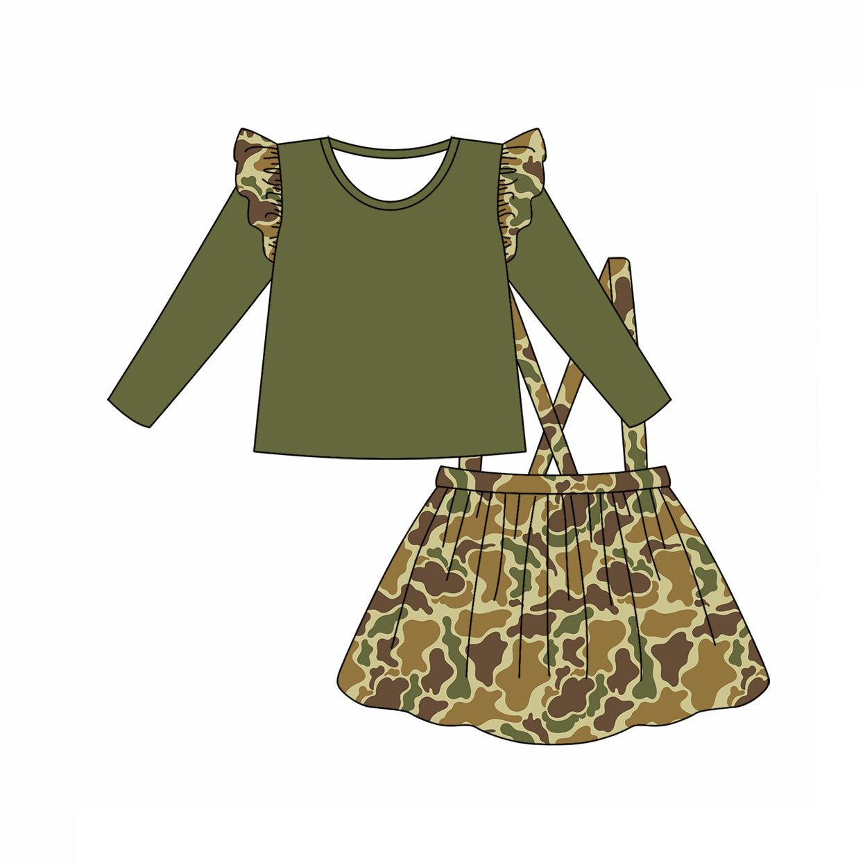 Baby Girls Dark Green Top Camo Suspender Skirt Clothes Sets preorder(MOQ 5)