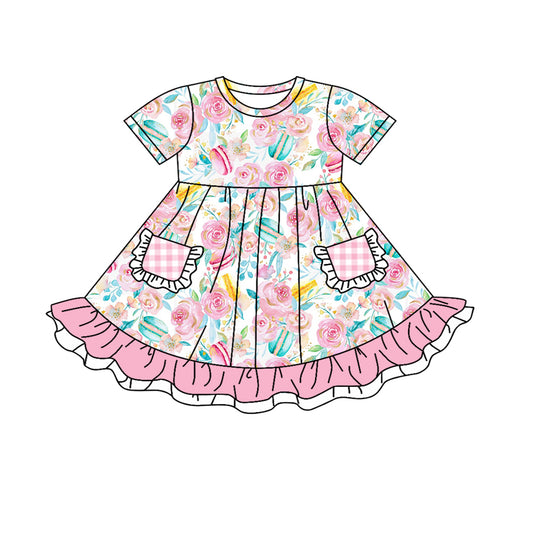 Baby Girls Pink Flowers Pockets Knee Length Dresses Preorder(moq 5)