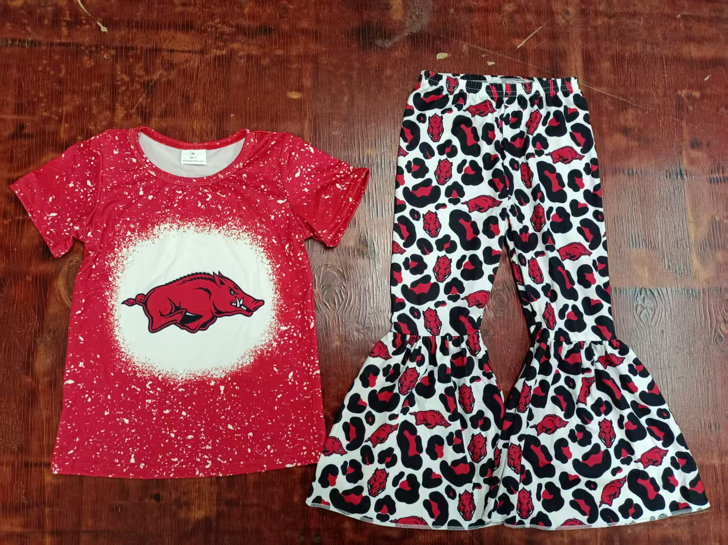 Preorder moq 5 Baby Girls Red Short Sleeves Wild Pig Top Leopard Bell Bottom Pant Set