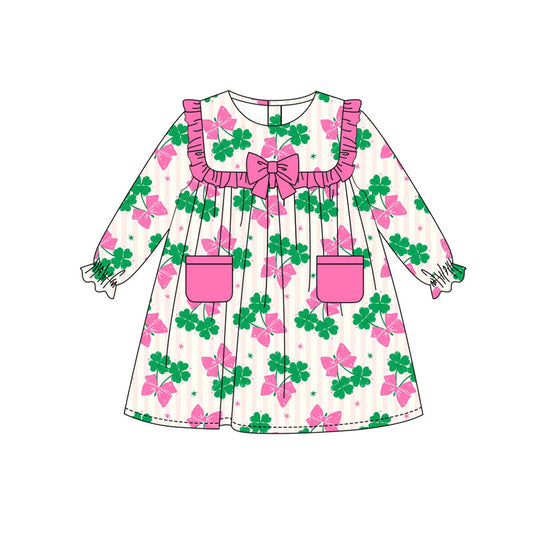 Preorder(moq 8)Baby Girls Pink Stripe Clovers Bows Pockets St Patrick Knee Length Dresses