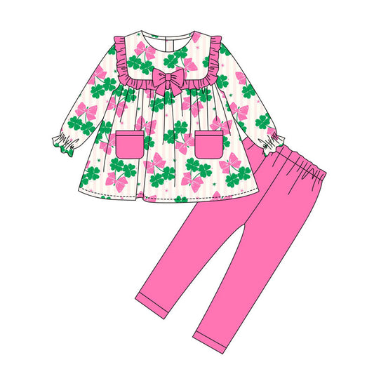 Preorder(moq 8)Baby Girls Pink Stripe Clovers Bows Pockets Tunic Leggings St Patrick Clothes Sets