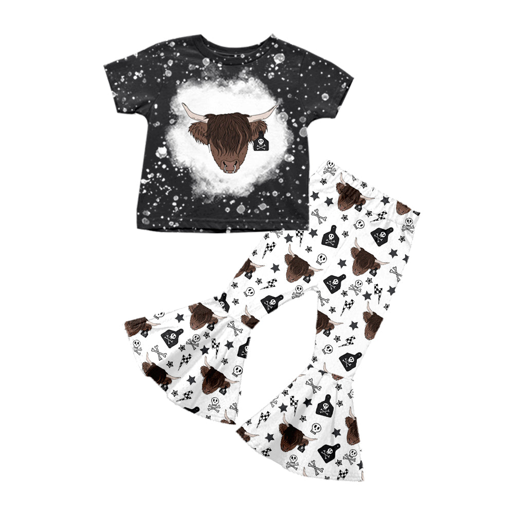 Baby Girls Western Black Cow Shirt Bell Pants Clothes Sets Preorder(moq 5)