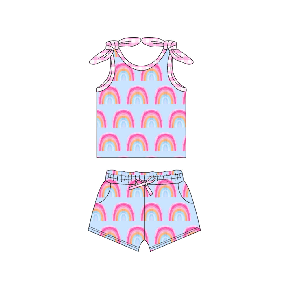 Preorder (moq 5)Baby Girls Pink Bows Strap Rainbows Top Pockets Short Set