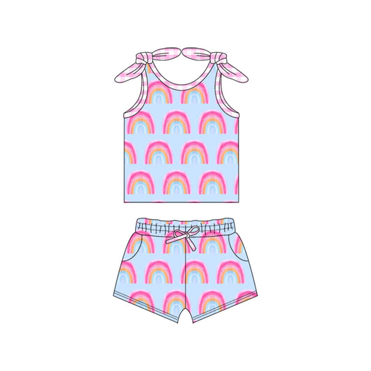 Preorder (moq 5)Baby Girls Pink Bows Strap Rainbows Top Pockets Short Set