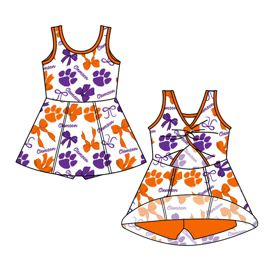 Preorder (moq 5)Baby Girls Sleeveless Bows Clemson Team Shorts Knee Length Dresses