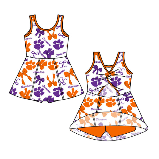 Preorder (moq 5)Baby Girls Sleeveless Bows Clemson Team Shorts Knee Length Dresses