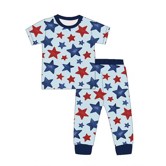 Baby Girls 4th Of July Stars Shirt Pants Pajamas Clothes Sets Preorder(moq 5)