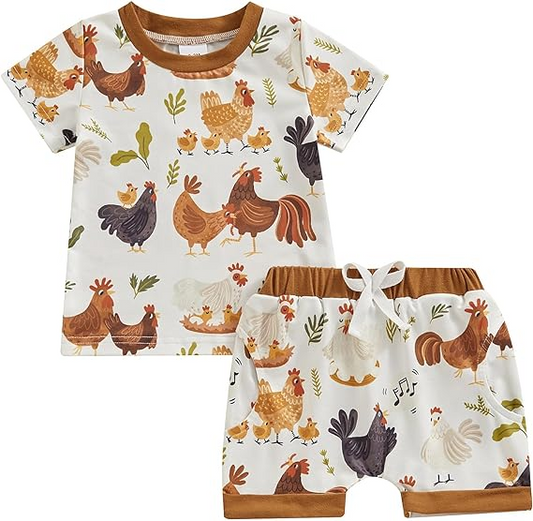 Baby Boys Farm Chicken Brown Shirt Shorts Clothes Sets preorder (moq 5)