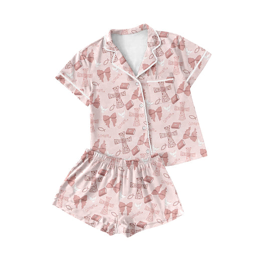 Preorder(moq 5)Adult Women Pink Easter Cross Buttons Tee Shirts Shorts Pajamas Sets