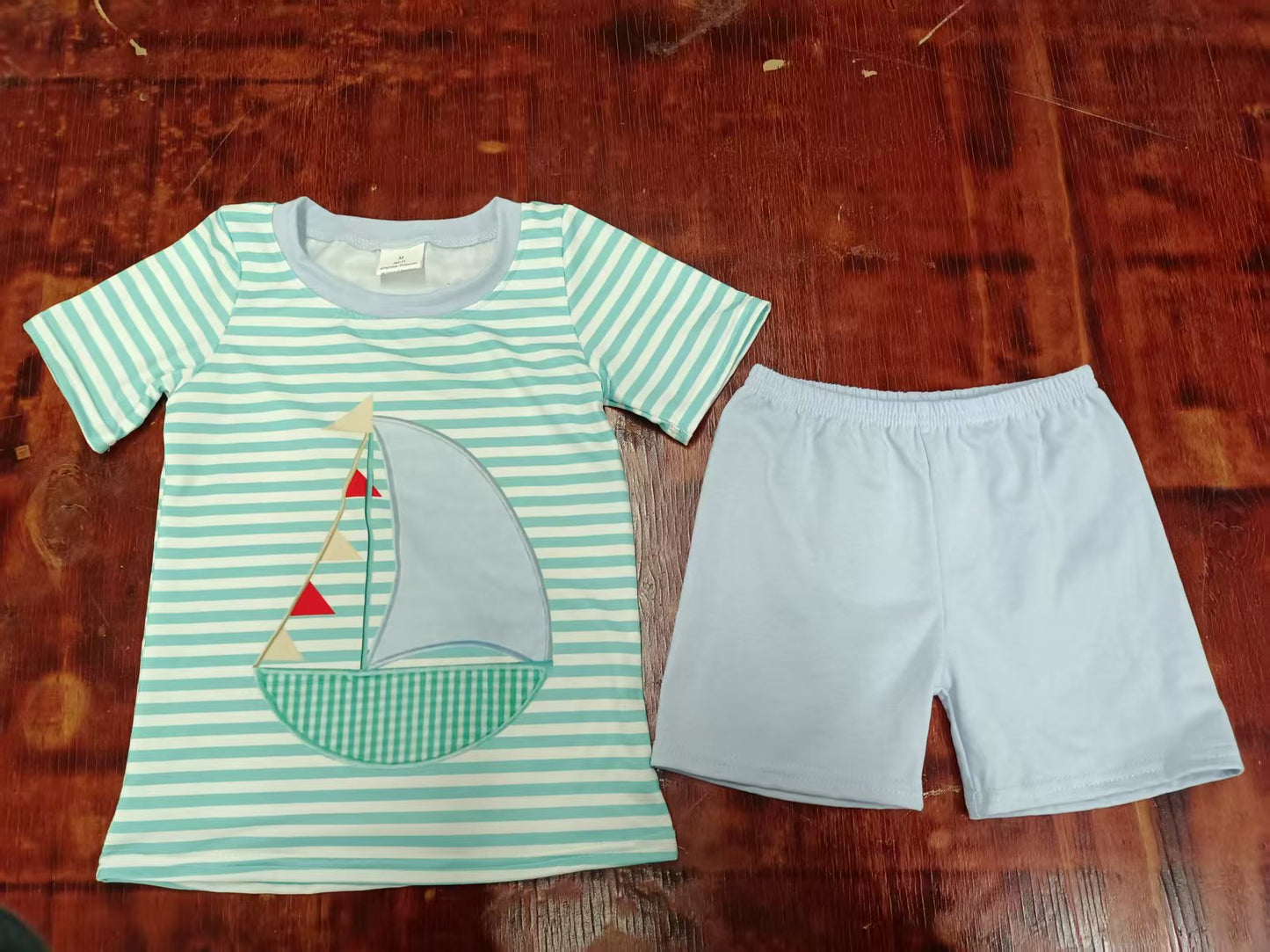 Preorder moq 5 Baby Boys Aqua Stripe Short Sleeves Boat Top Shorts Set