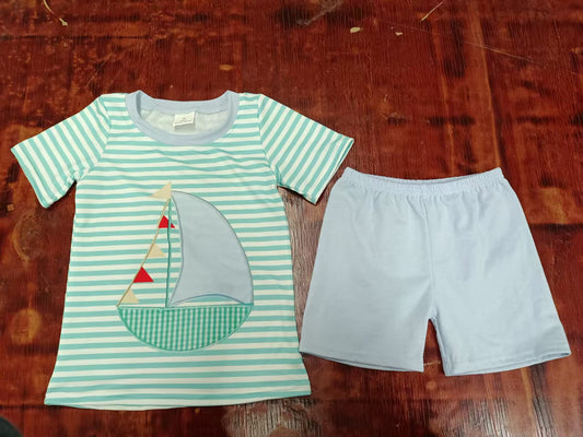 Preorder moq 5 Baby Boys Aqua Stripe Short Sleeves Boat Top Shorts Set