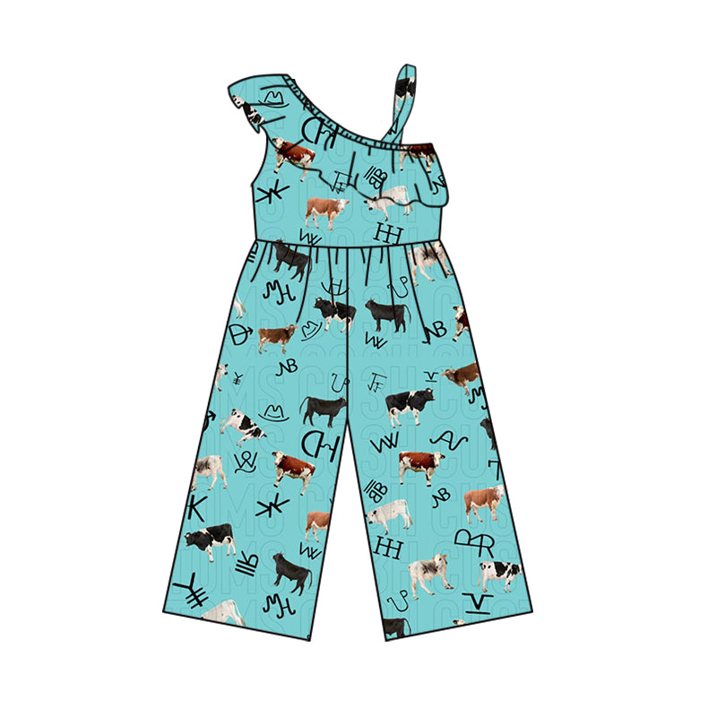 Baby Girls Cows One Shoulder Western Top Pants Jumpsuits Preorder(moq 5)