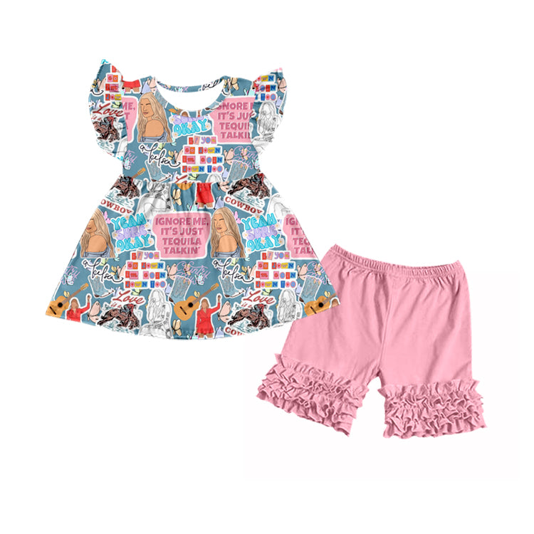 Baby Girls Pink Singer Flutter Sleeve Top Ruffle Shorts Clothes Sets preorder(moq 5)