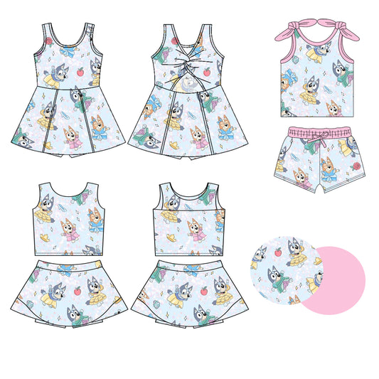 Preorder moq 5 Custom Baby Girls Sleeveless Cartoon Dogs Top Skort Set Knee Length Dress Pockets Short Set