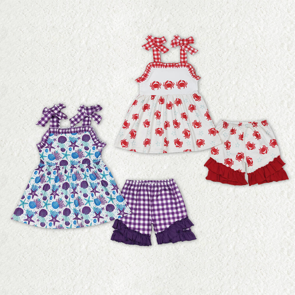 Sibling Baby Girls Strap Crabs Starfishes Tunic Ruffle Shorts Clothes Sets
