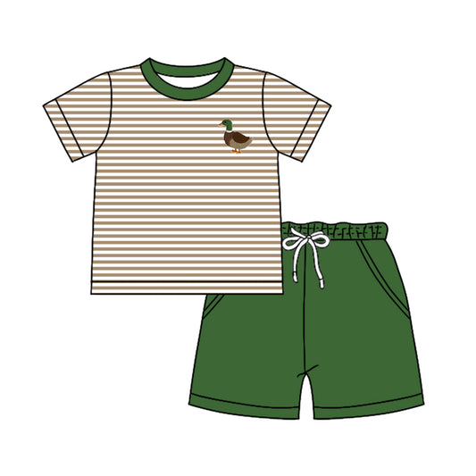 Preorder (moq 5)Baby Boys Stripes Duck Hunting Shirts Green Pockets Shorts Clothes Sets