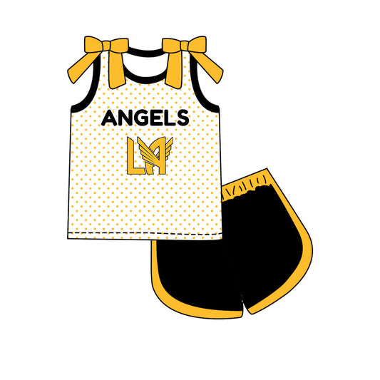 Preorder (moq 5)Baby Girls Bows Angels Polka Dots Top Short Team Clothes Set