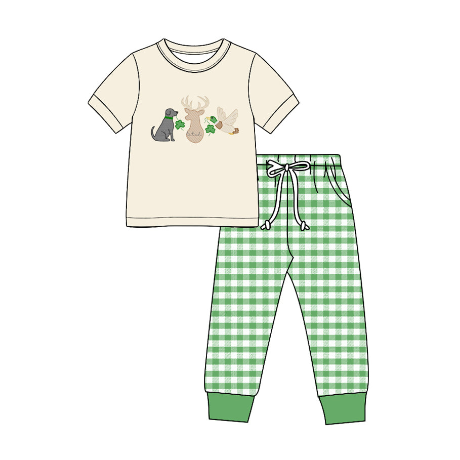 Preorder (moq 5) Baby Boy Clothes St Patricks Day Hunting Dog Deer Duck Embroidery Print Short Sleeve Tee Green Gingham Jogger Pants Set